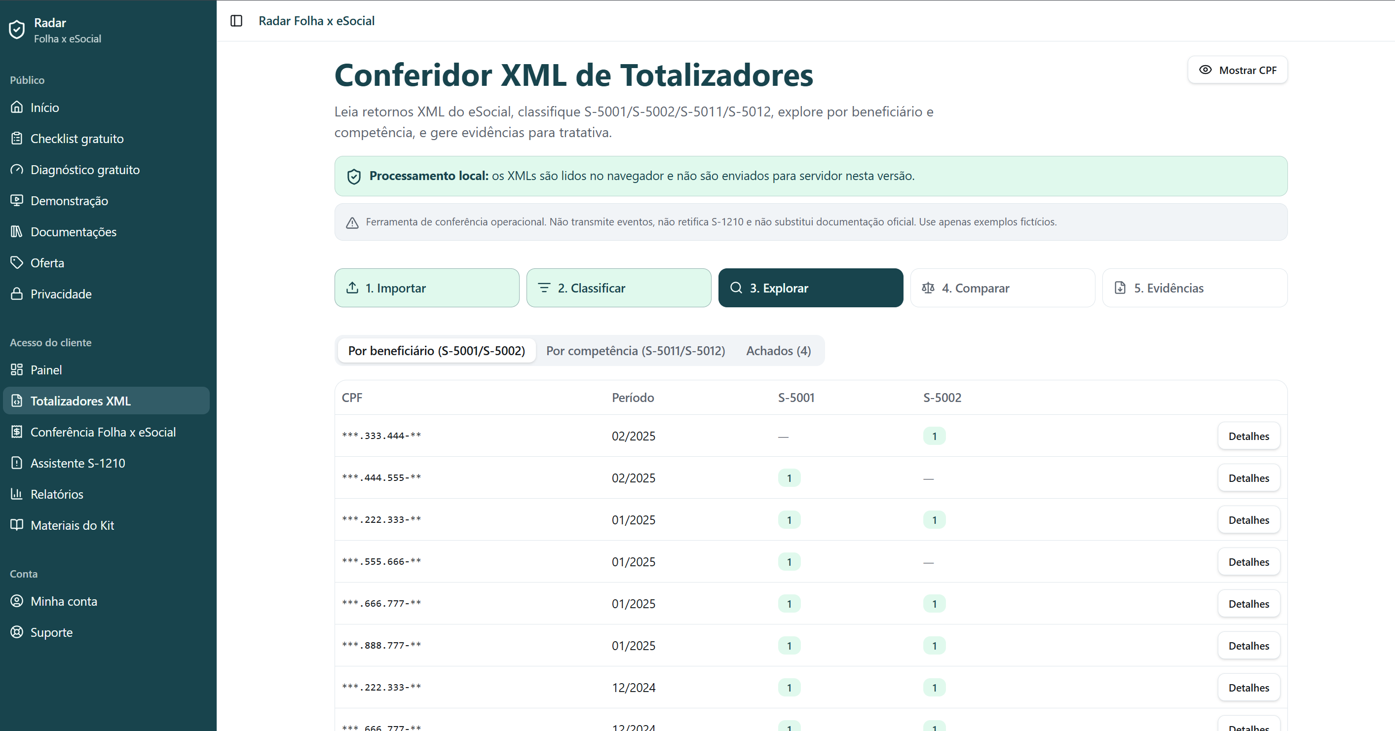 Tela de exploração por beneficiário no módulo de totalizadores.