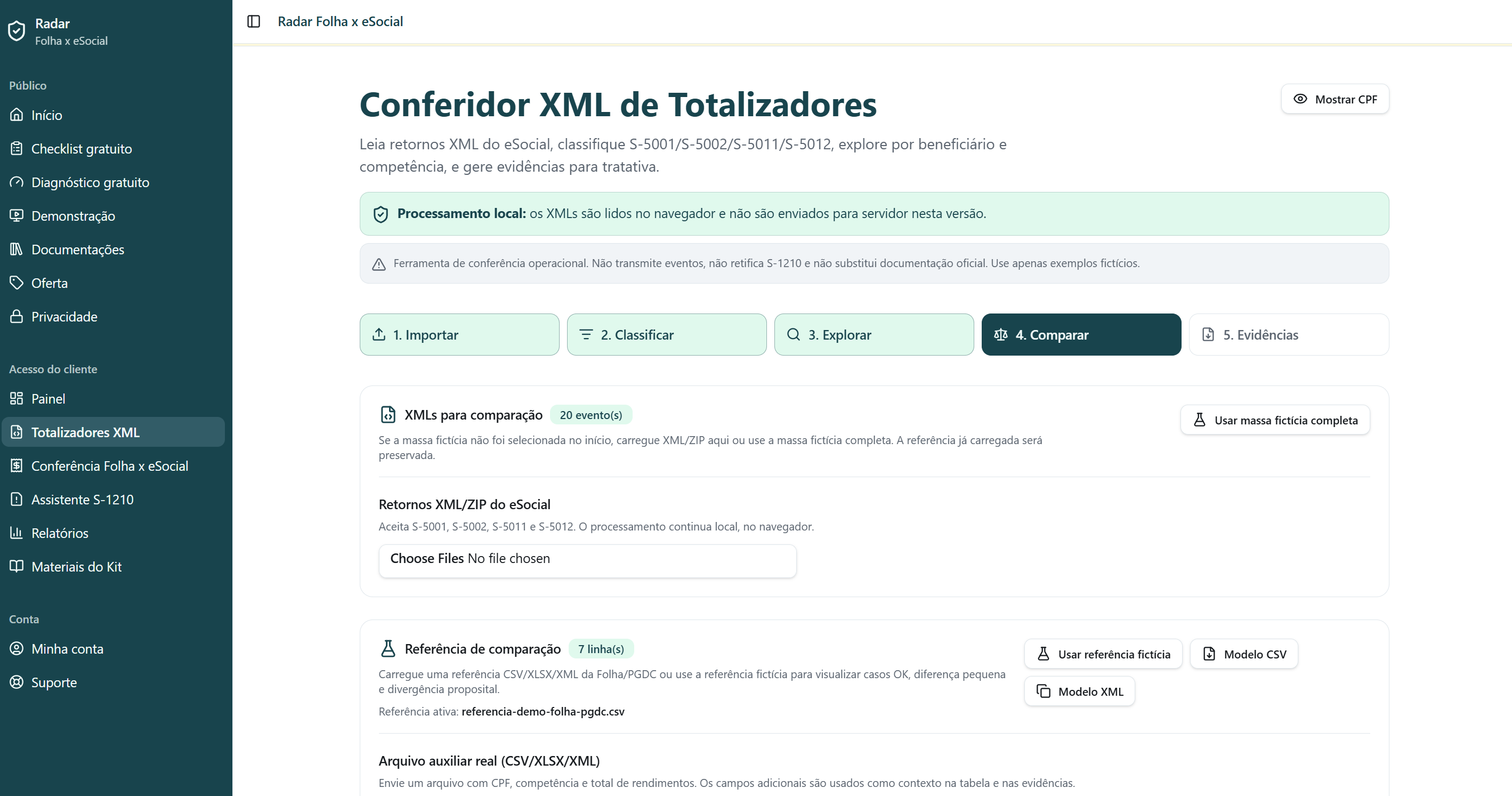 Tela de comparação dos totalizadores com referência da folha.
