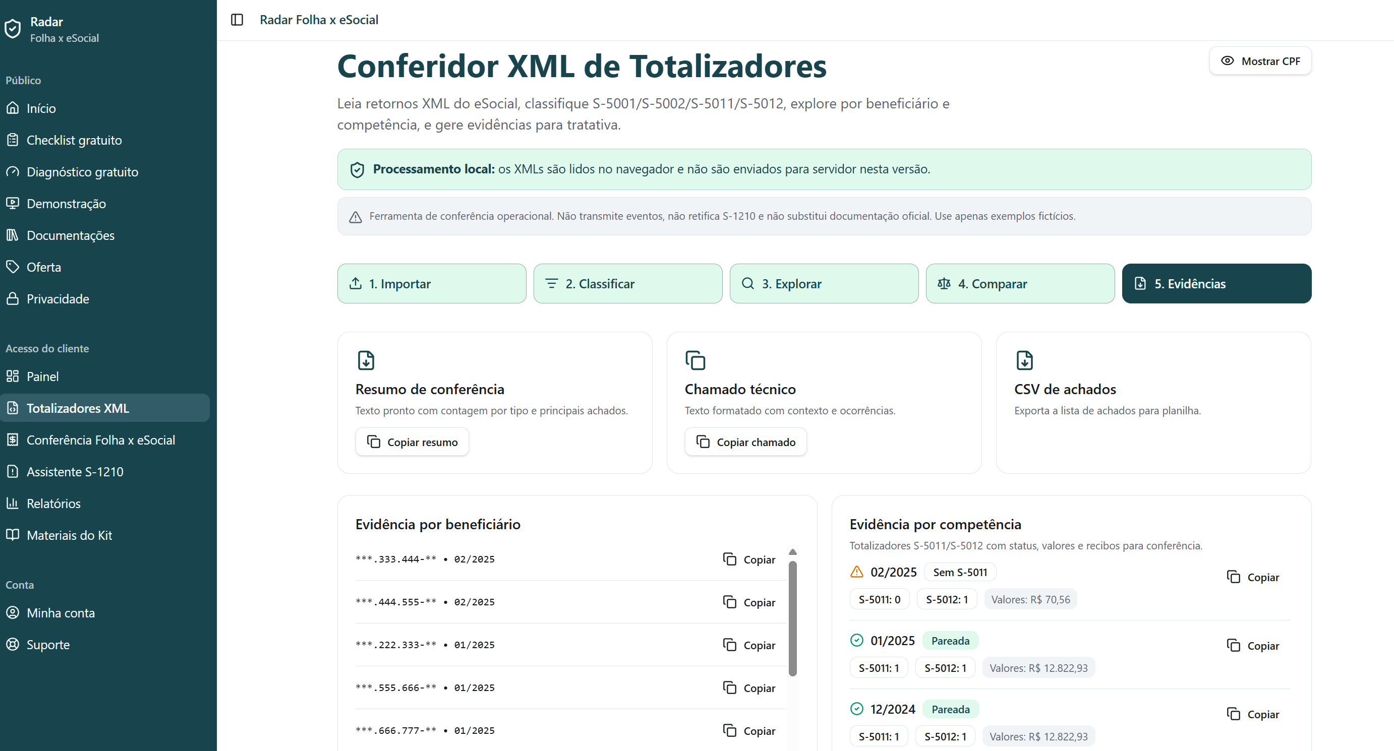 Tela de evidências do conferidor XML de totalizadores.