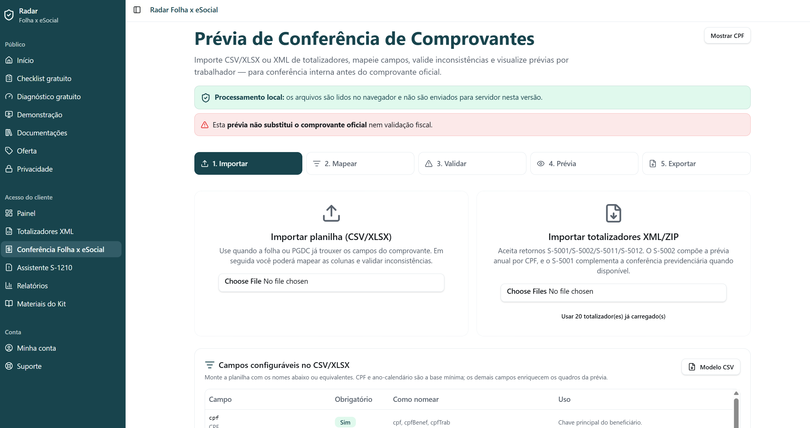 Etapa de importação e campos configuráveis dos comprovantes.