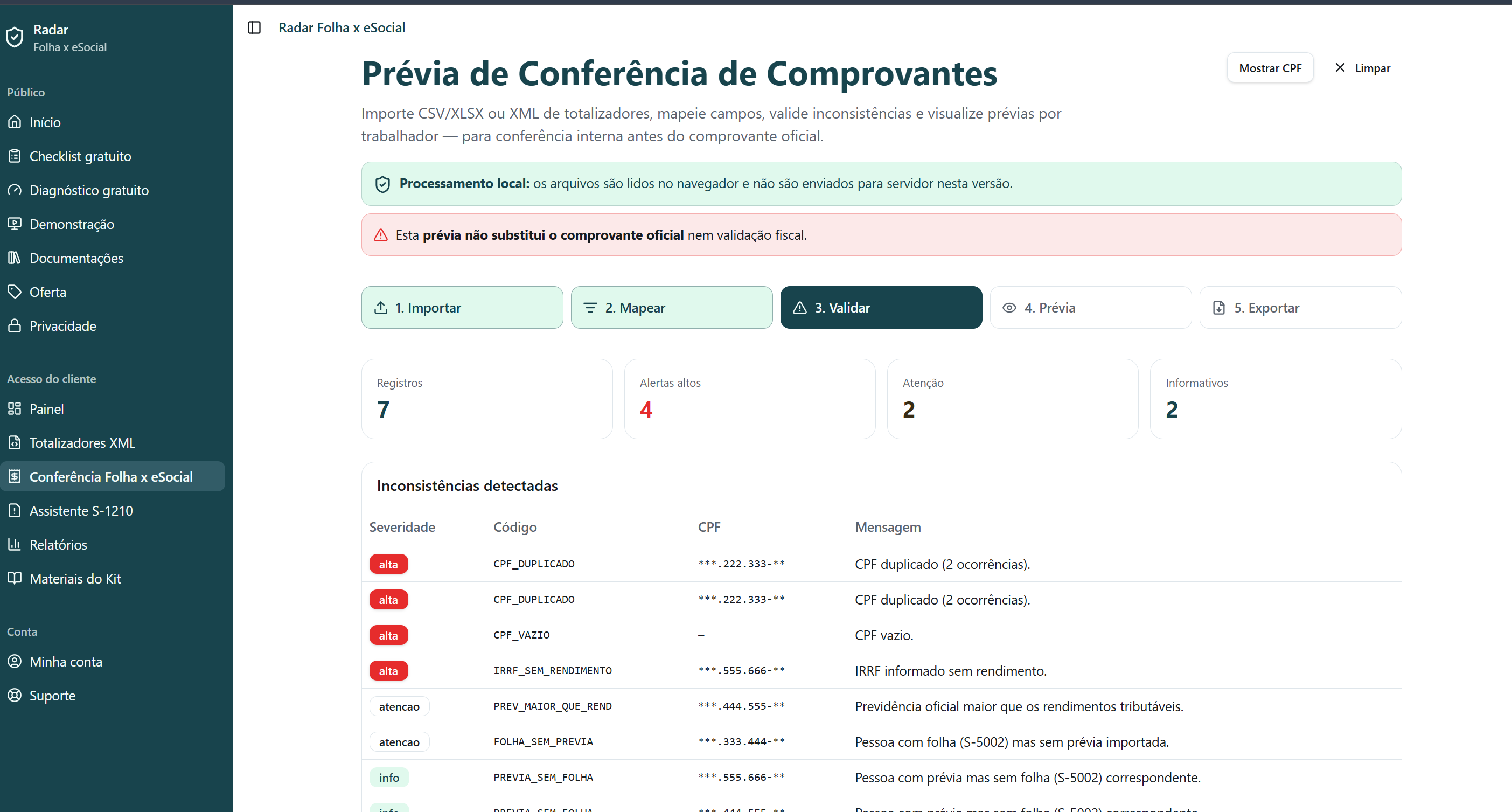 Tela de validação de inconsistências dos comprovantes.