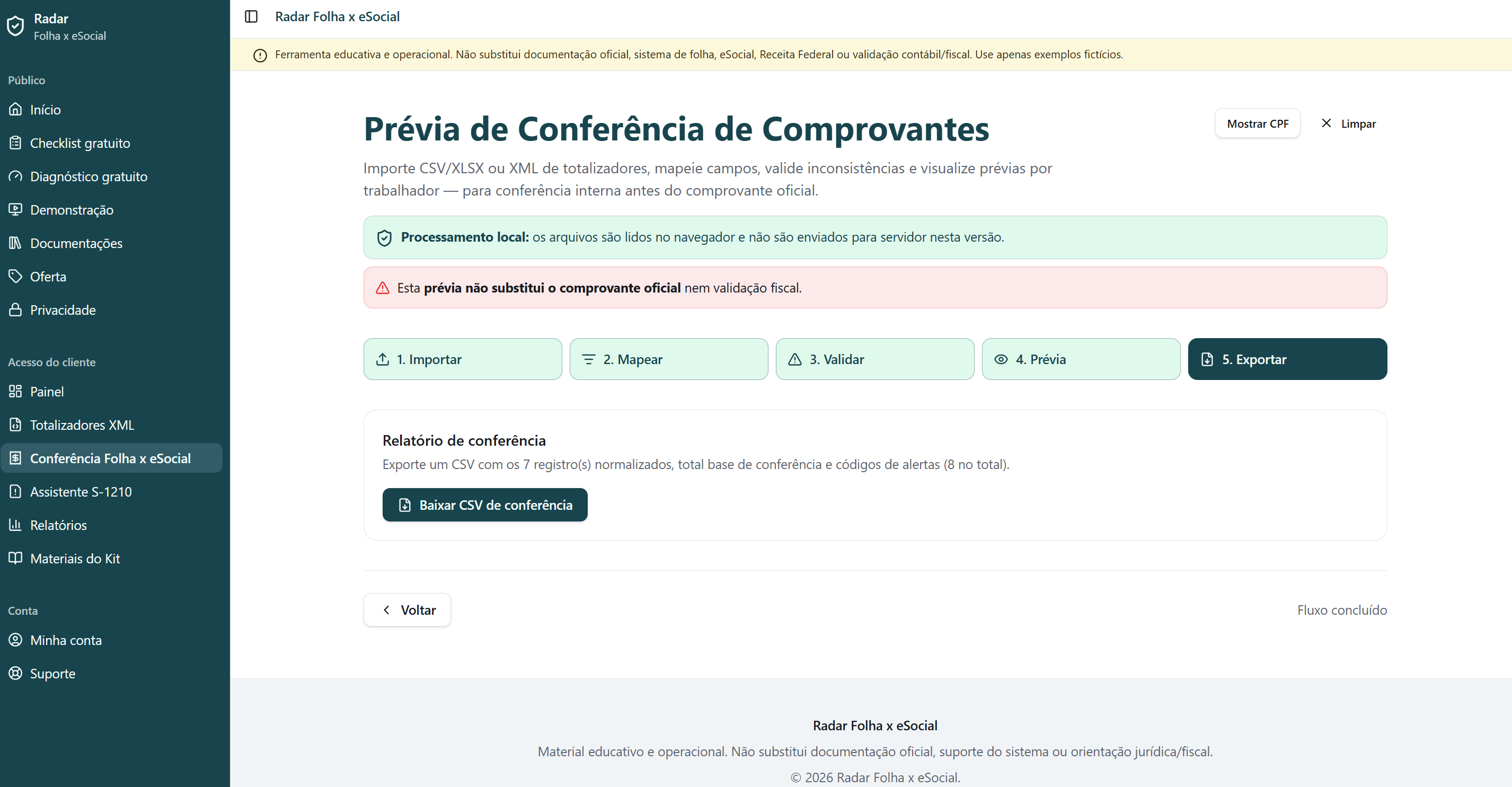 Tela de exportação do relatório de conferência dos comprovantes.
