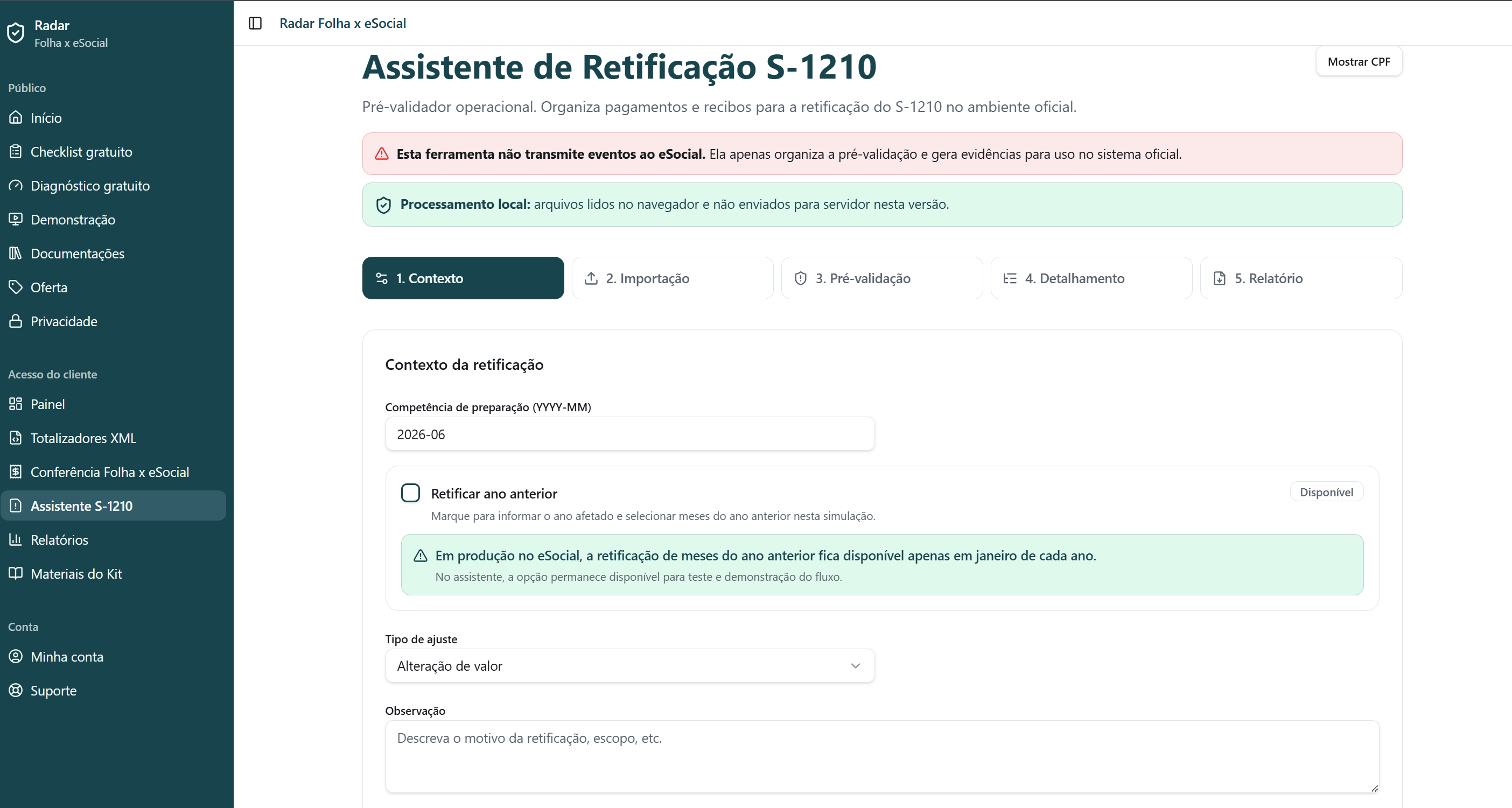 Tela de contexto do assistente S-1210.