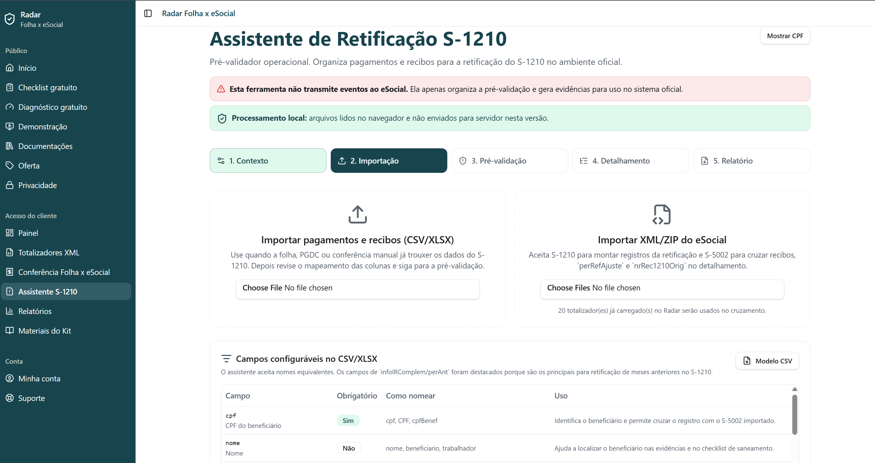 Tela de importação e campos configuráveis do assistente S-1210.