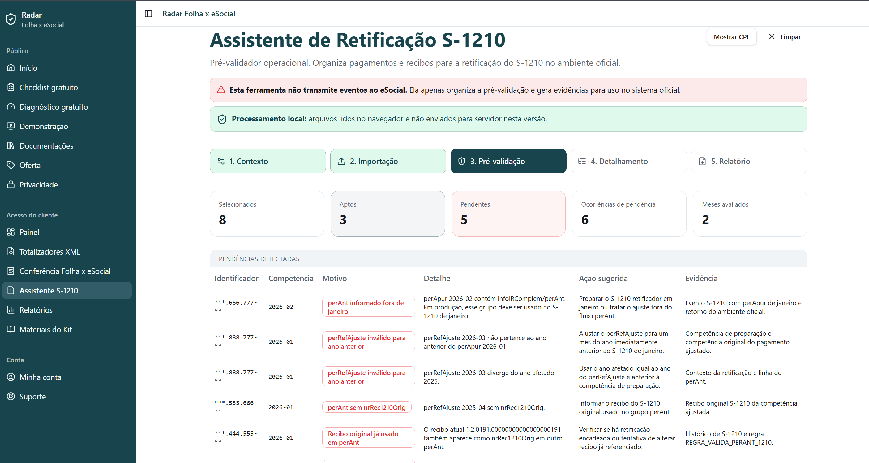 Tela de pré-validação do assistente S-1210.