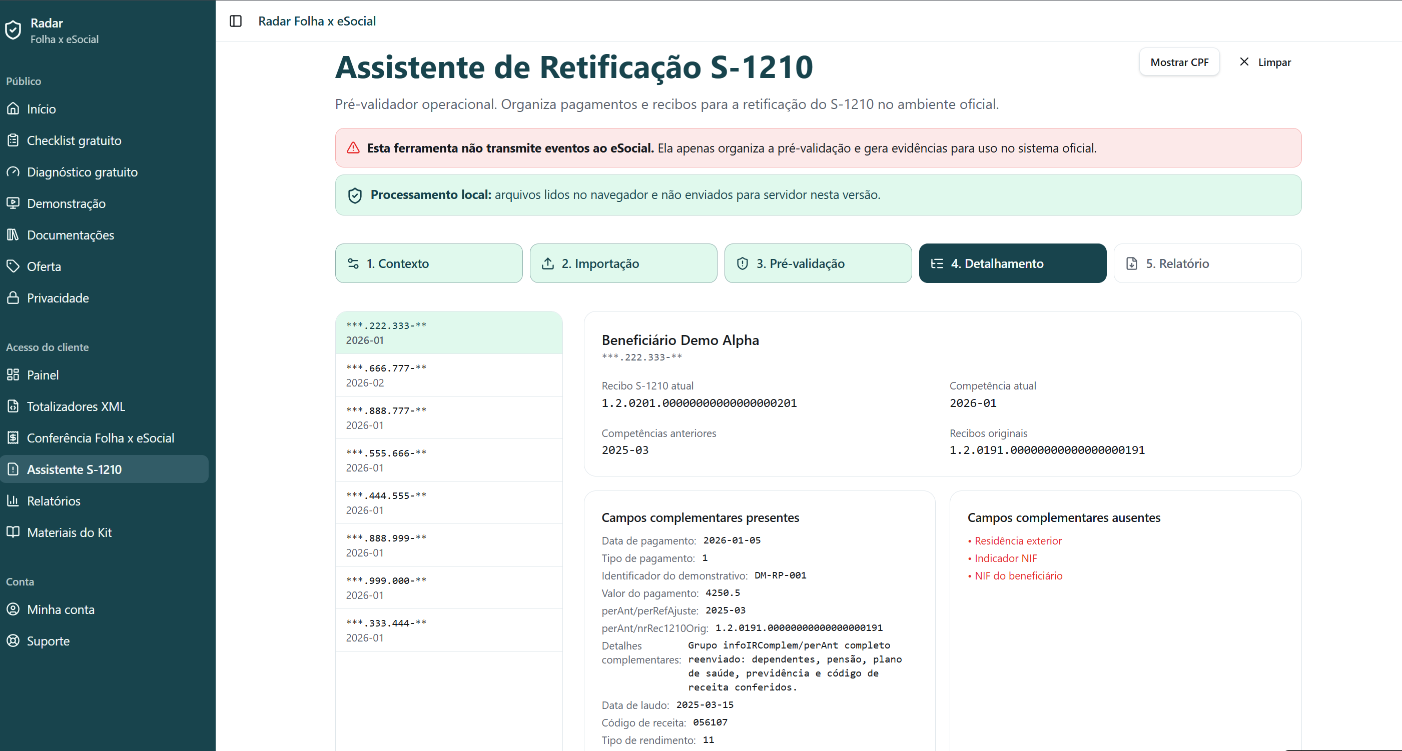 Tela de detalhamento do assistente S-1210.