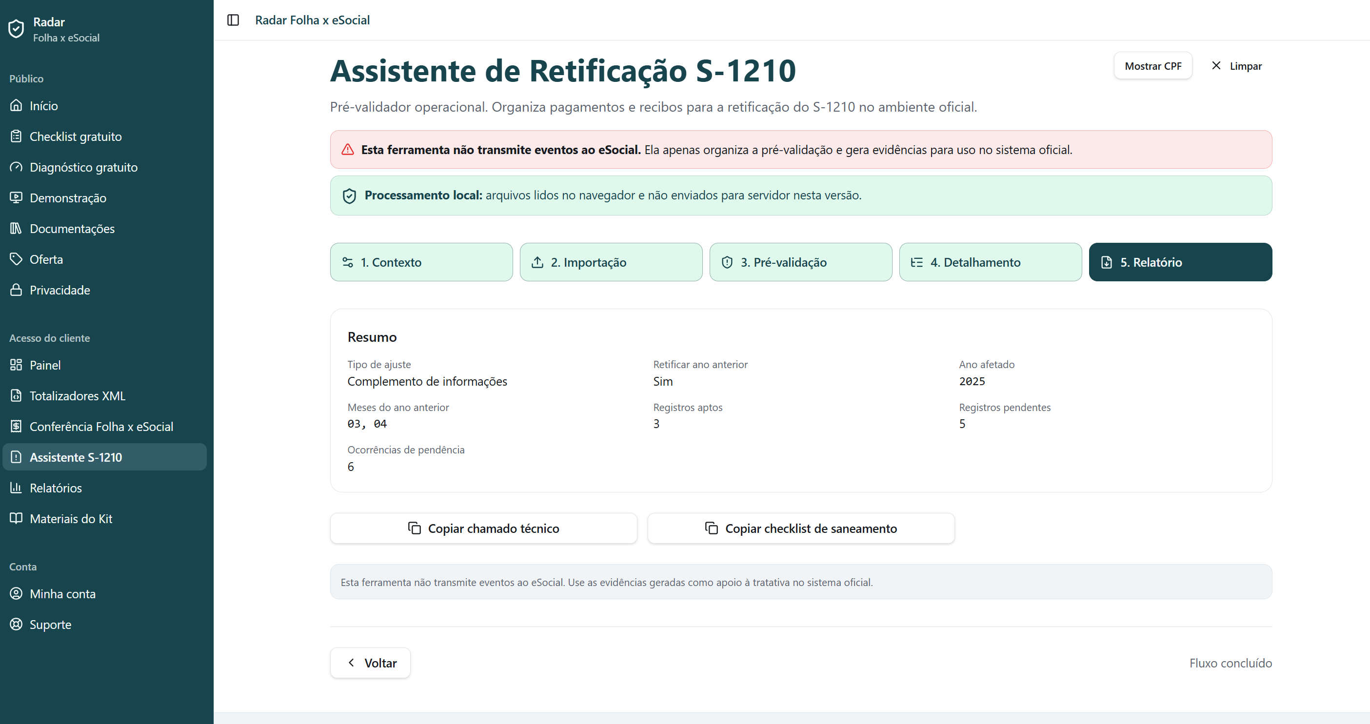 Tela de relatório do assistente S-1210.