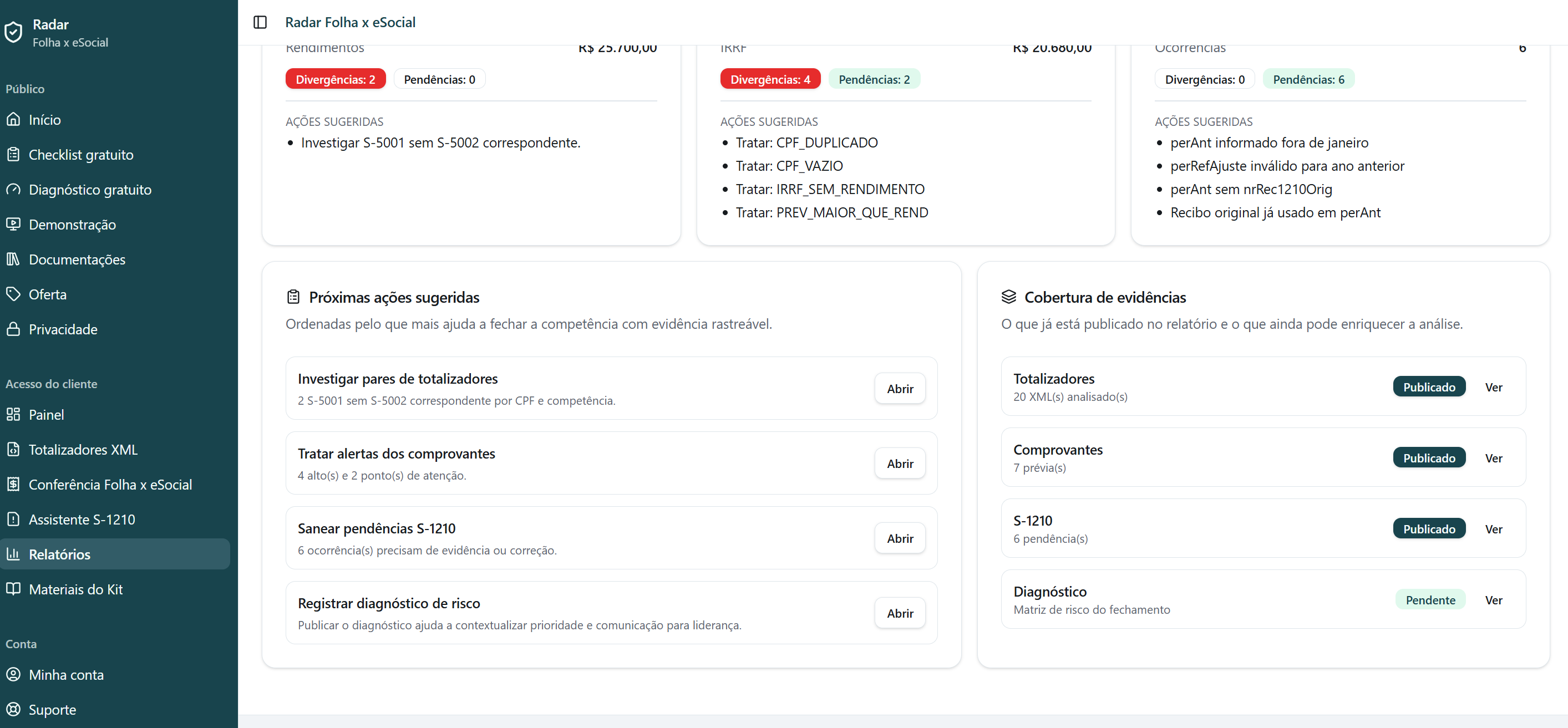 Tela de ações sugeridas e cobertura de evidências do relatório.