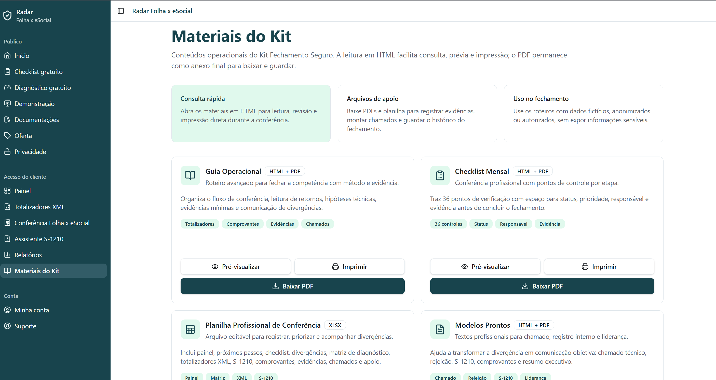 Página de materiais do Kit com guias, checklist e planilha.