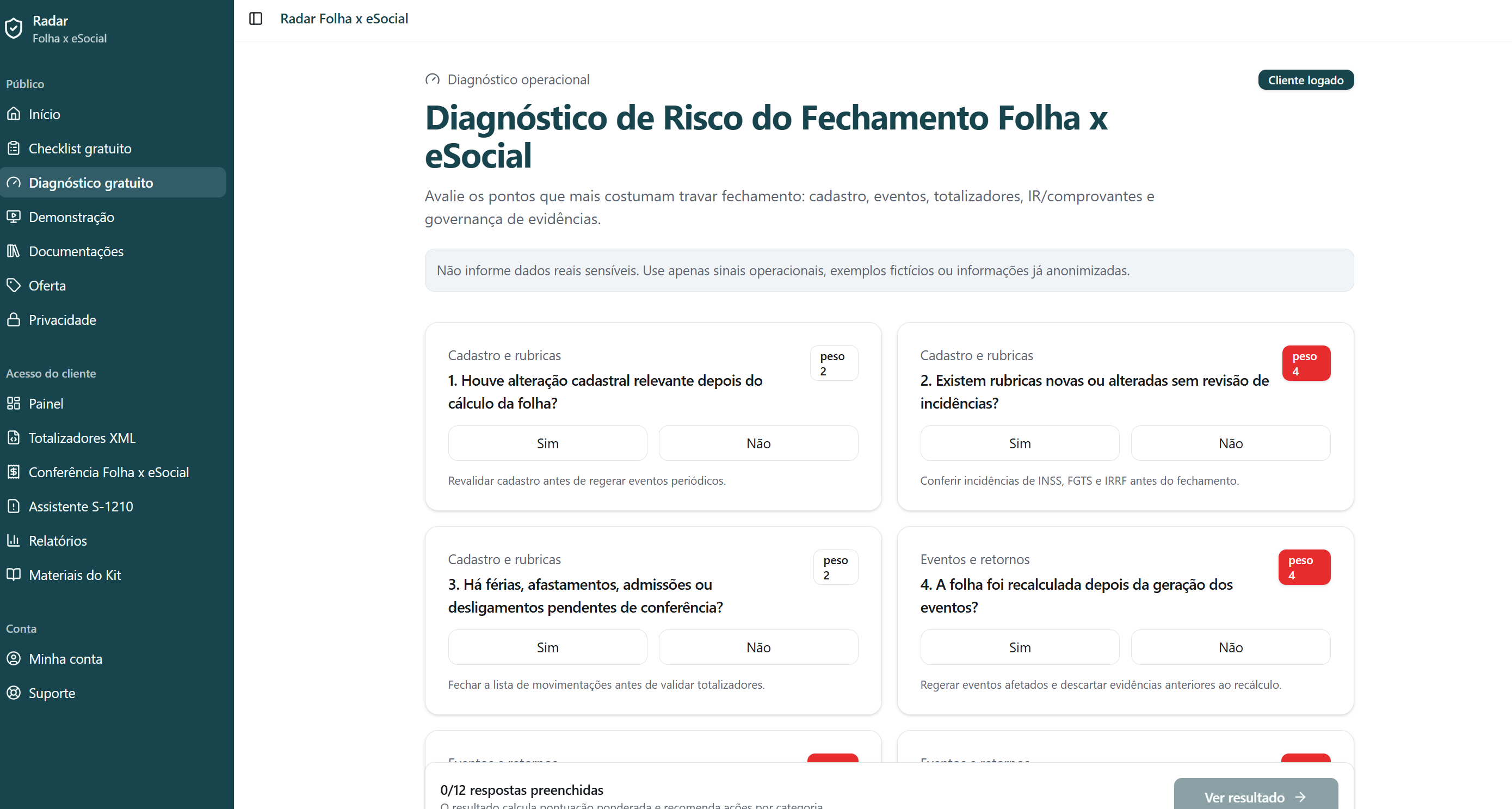 Tela do diagnóstico gratuito do Radar Folha x eSocial.