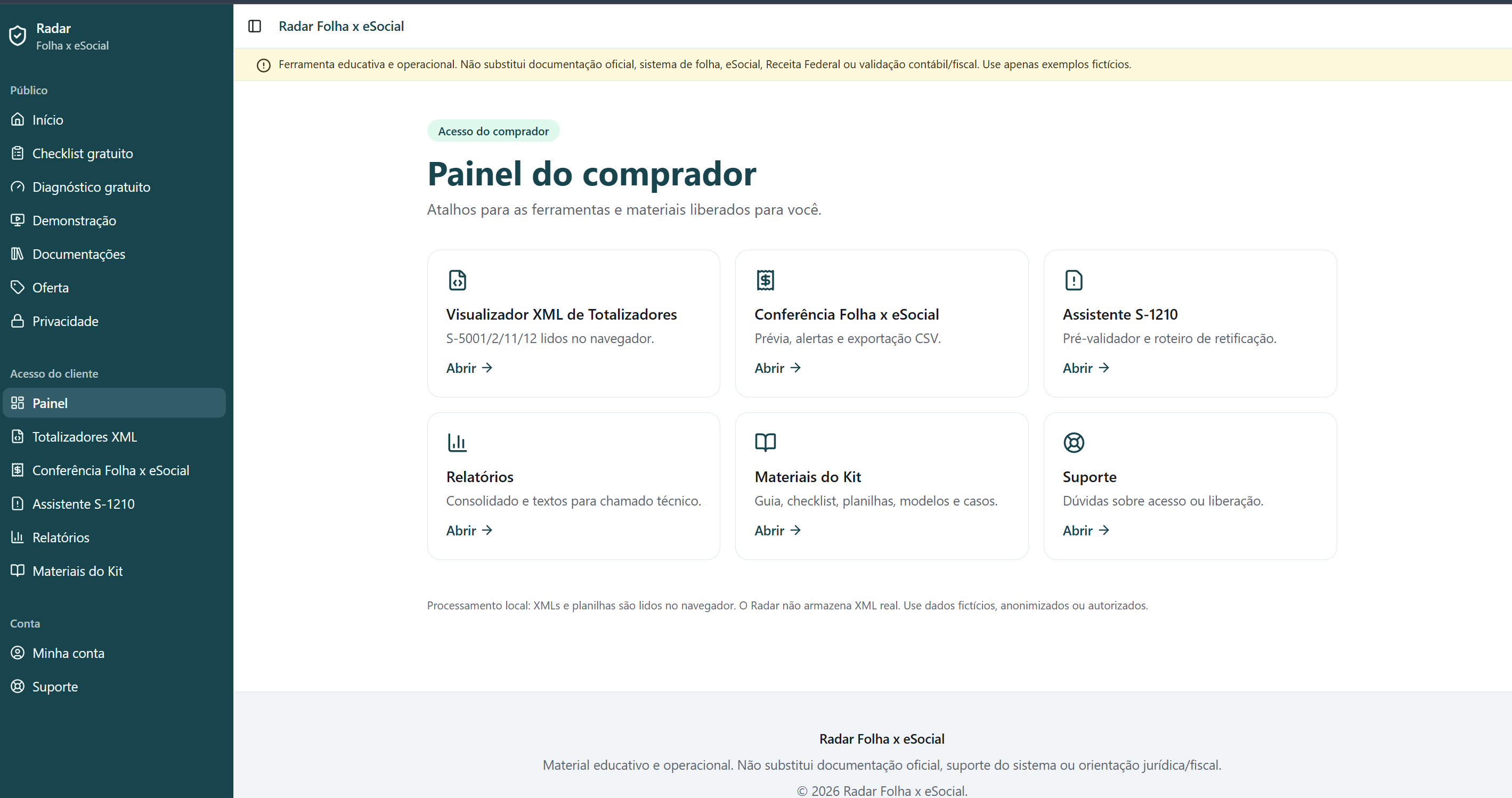 Painel do cliente com atalhos para as ferramentas do Kit.
